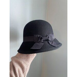 Black Wool Cloche Hat With Ribbon Bow Detail